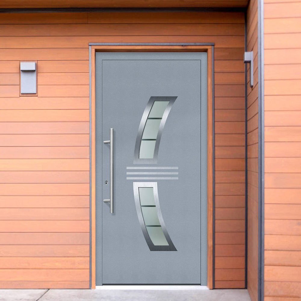 Moderne graue Haustür mit Glaseinsatz